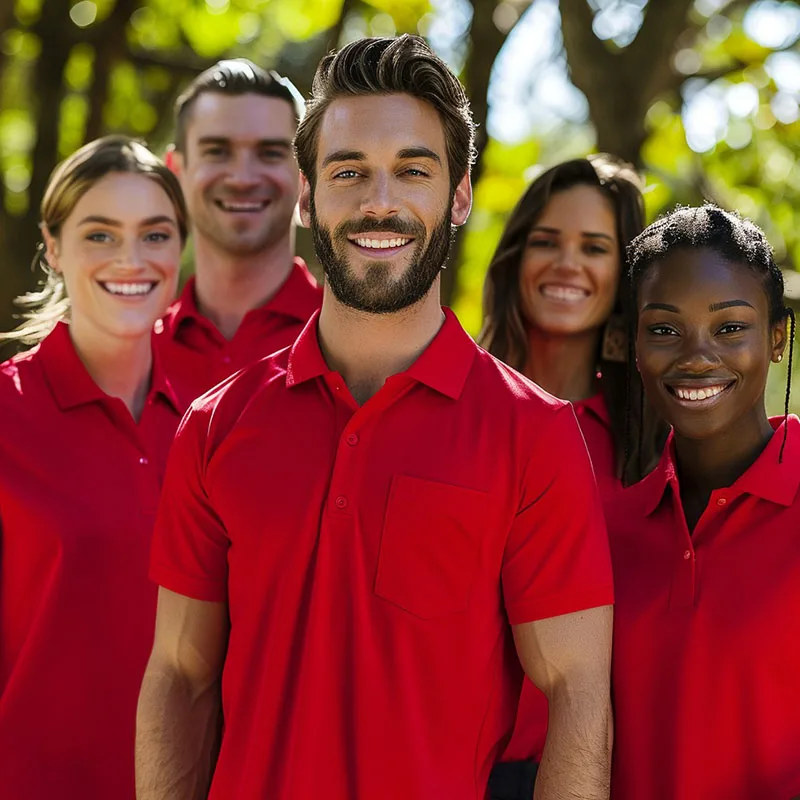 Team Apparel 5 Group of smiling people wearing red shirts outdoors.
