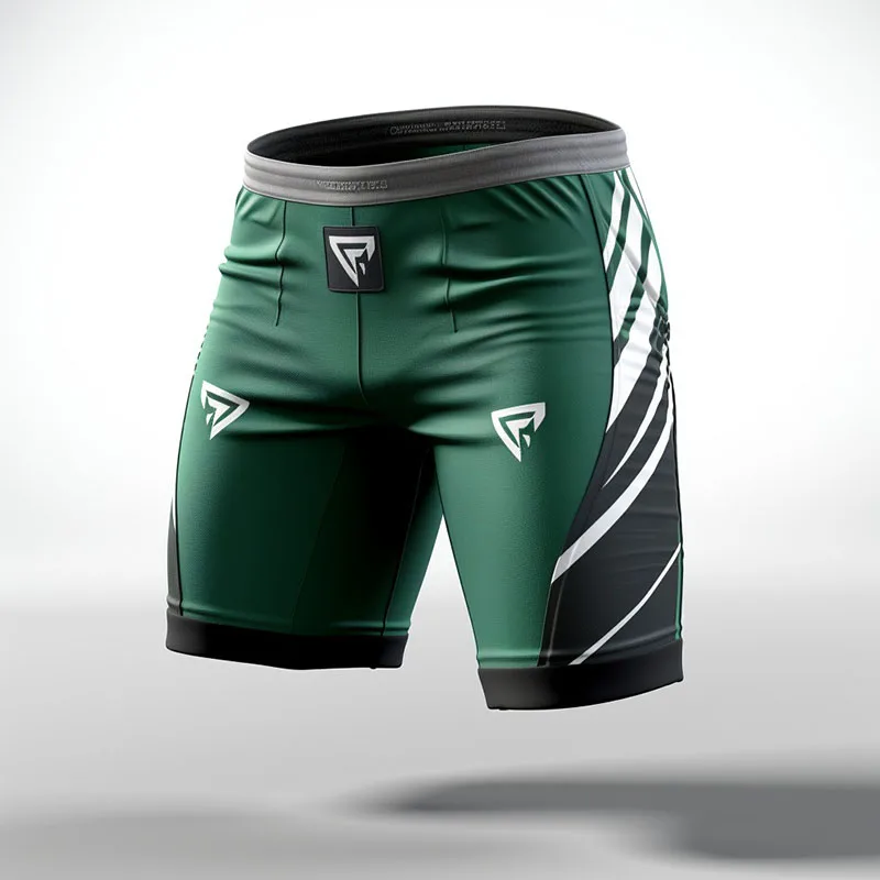 Team Apparel 10 Green athletic shorts with gray waistband, white geometric patterns.