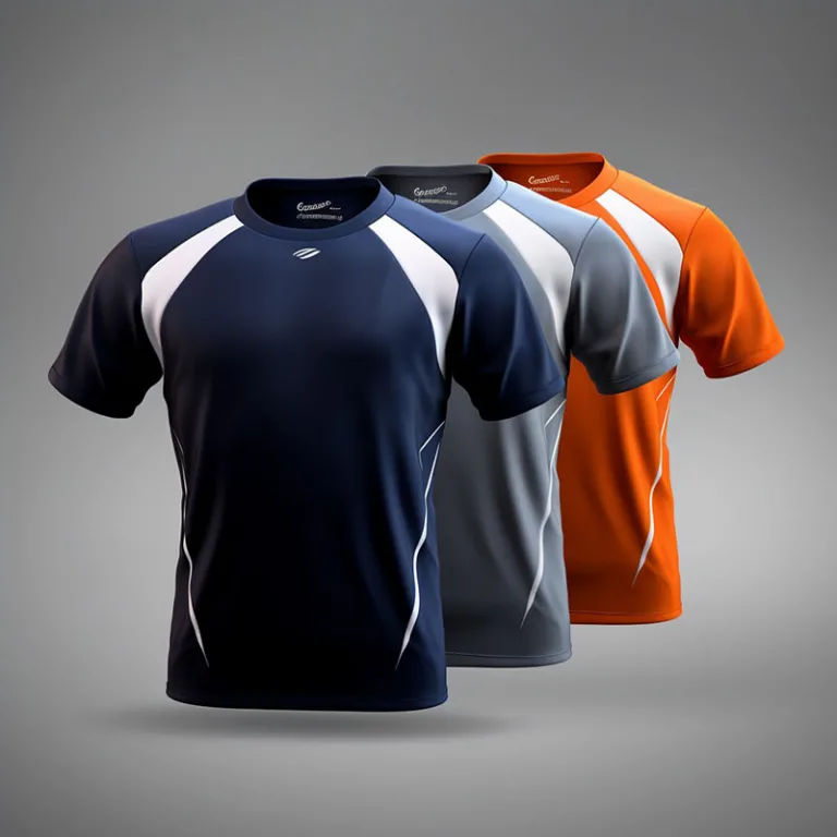 Three colored sports shirts on display.