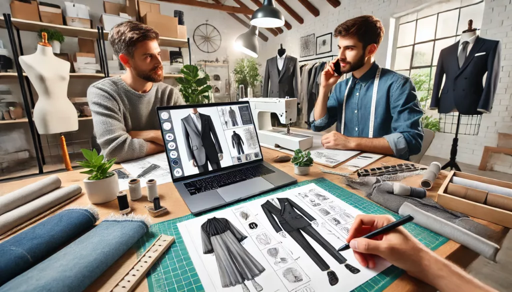 How to Submit Clothing Designs to a Manufacturer 3 A designer and manufacturer discussing clothing designs on a video call.