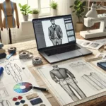 A designer preparing a detailed tech pack with sketches, measurements, and fabric samples.