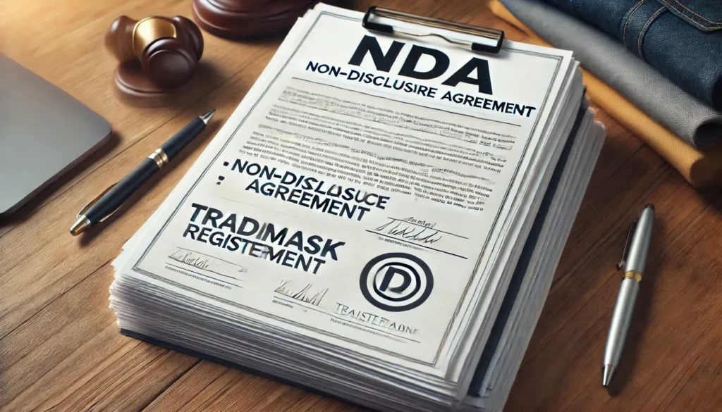 How to Submit Clothing Designs to a Manufacturer 6 NDA and trademark registration documents with a pen, emphasizing legal protection.