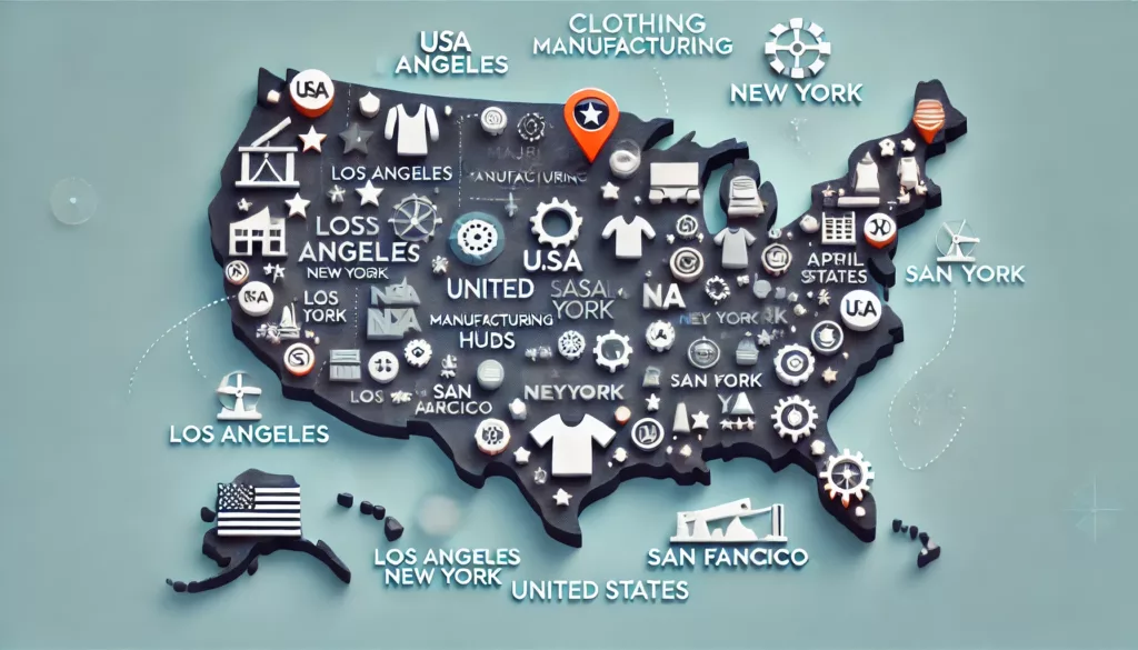 What Clothing Manufacturers Are Located Within the US? 3 A U.S. map highlighting major clothing manufacturing hubs.