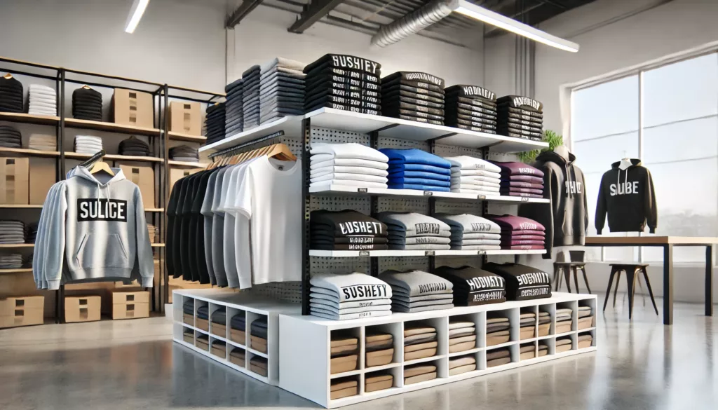 What Clothing Manufacturers Are Located Within the US? 5 A display of custom-labeled apparel on shelves.