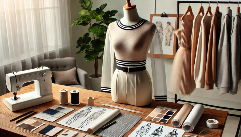 How to Submit Clothing Designs to a Manufacturer 5 A prototype garment on a mannequin, with fabric swatches and trims nearby.