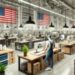 A modern U.S. clothing manufacturing facility with workers and fabrics.