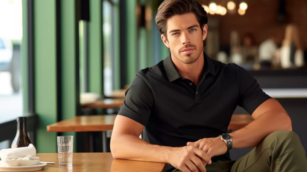 Choosing the Right Polo Shirt Color: Purple, Yellow, Black & More 3 A man in a classic black polo shirt paired with khaki chinos sitting at a cafe embodying a sophisticated and professional style 2