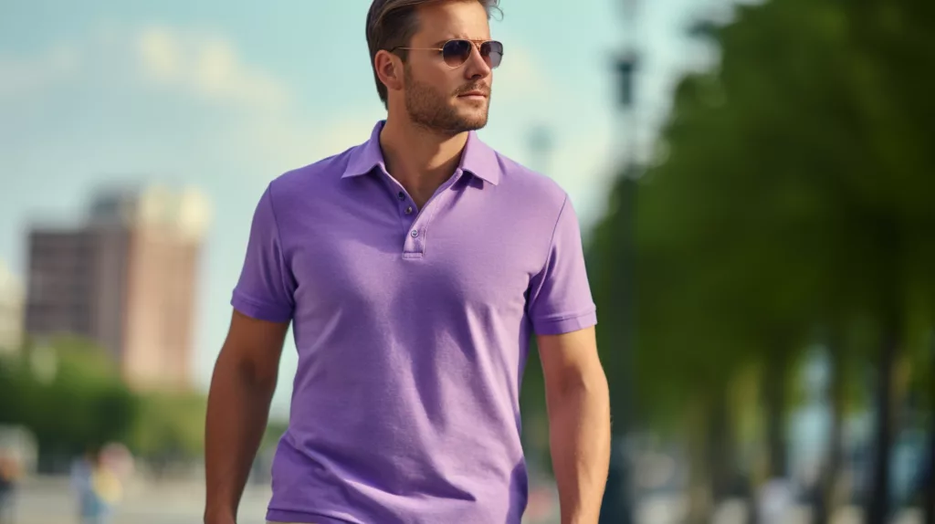 Choosing the Right Polo Shirt Color: Purple, Yellow, Black & More 1 A man wearing a bold purple polo shirt paired with casual denim standing confidently in an outdoor urban environment 3