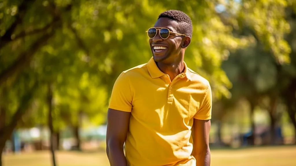 Choosing the Right Polo Shirt Color: Purple, Yellow, Black & More 2 A vibrant yellow polo shirt worn by an individual enjoying a sunny day at a park exuding energy and warmth 2