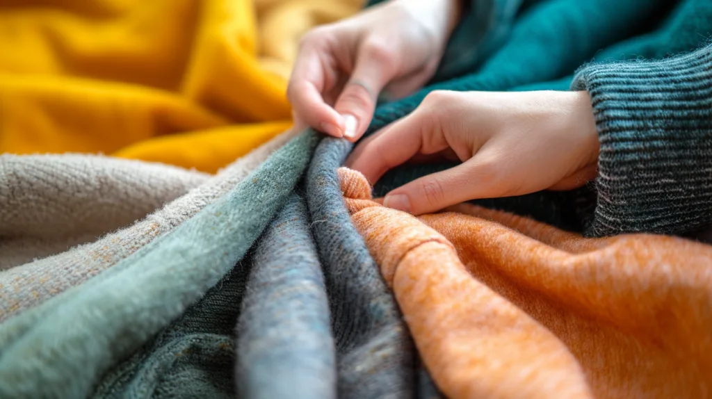 How to Customize Kids Hoodies for Your Brand: A Step-by-Step Guide 2 Close-up of hands touching soft cotton fleece and French terry fabric samples.