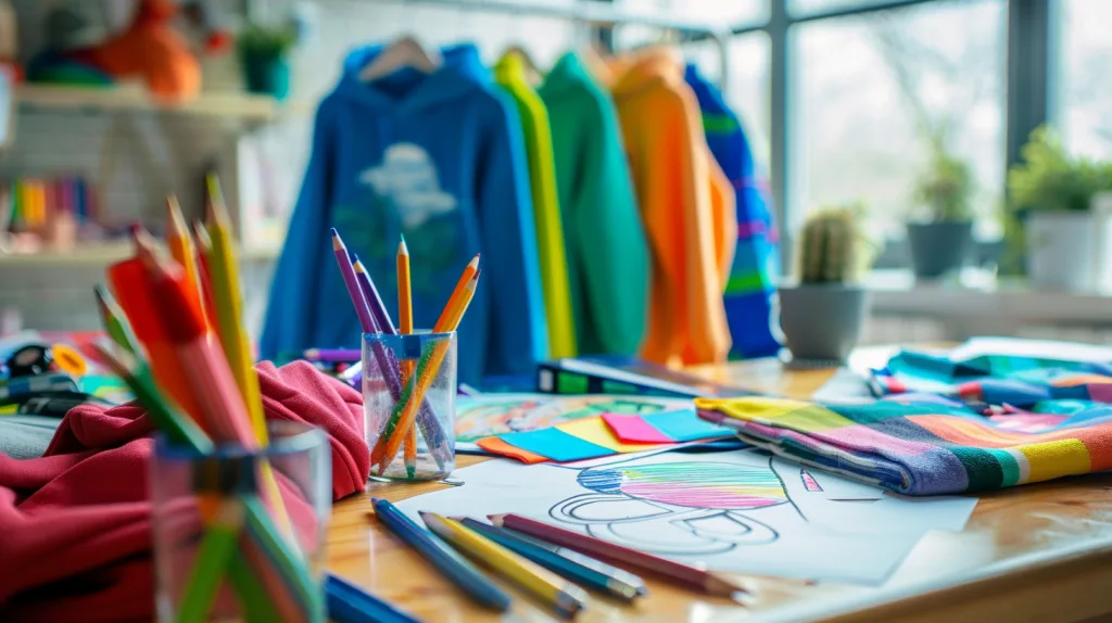 How to Customize Kids Hoodies for Your Brand: A Step-by-Step Guide 12 A variety of colorful kids hoodie design sketches on a table.