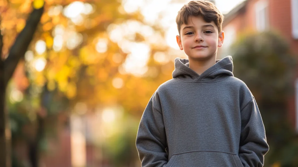 Top Trends in Kids Hoodie Designs for 2025 1 A young boy wearing an oversized hoodie, standing confidently in an urban park setting.