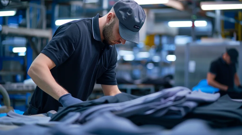 How to Customize Polo Shirts for Corporate Branding 4 Worker inspecting polo shirts for stitching and logo quality in a clean factory