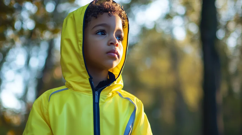 Top Trends in Kids Hoodie Designs for 2025 3 A child wearing a hoodie with built-in UV protection, reflective elements, and hidden pockets, in an outdoor environment.