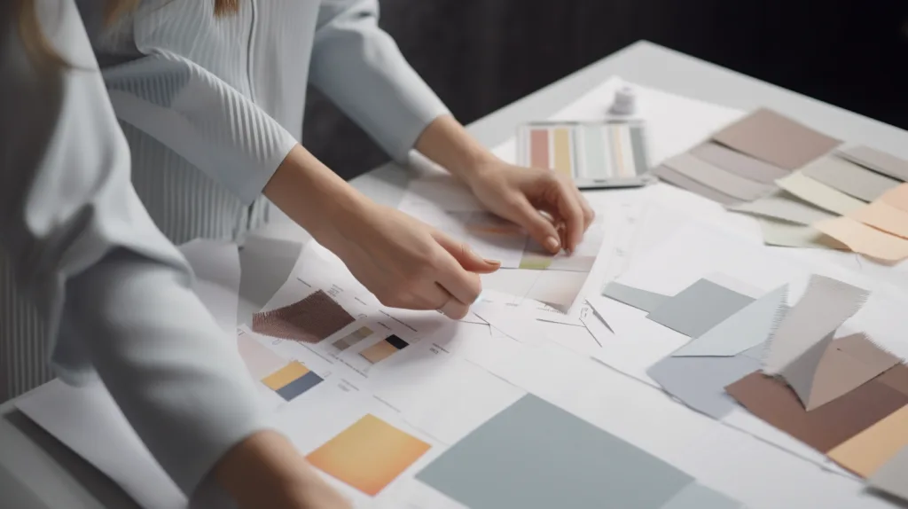 Can I Start a Clothing Brand with $500? Here’s How 2 Hands holding a clothing sample and tech pack next to color swatches and measuring tools.