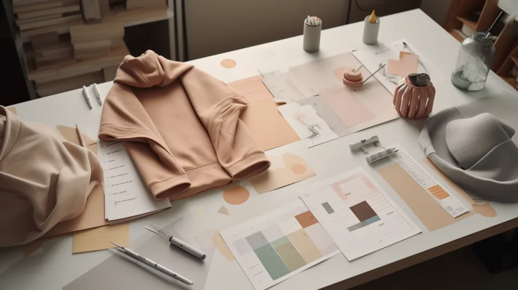 A workspace with hoodie samples, tech packs, fabric swatches, and measuring tools laid out.