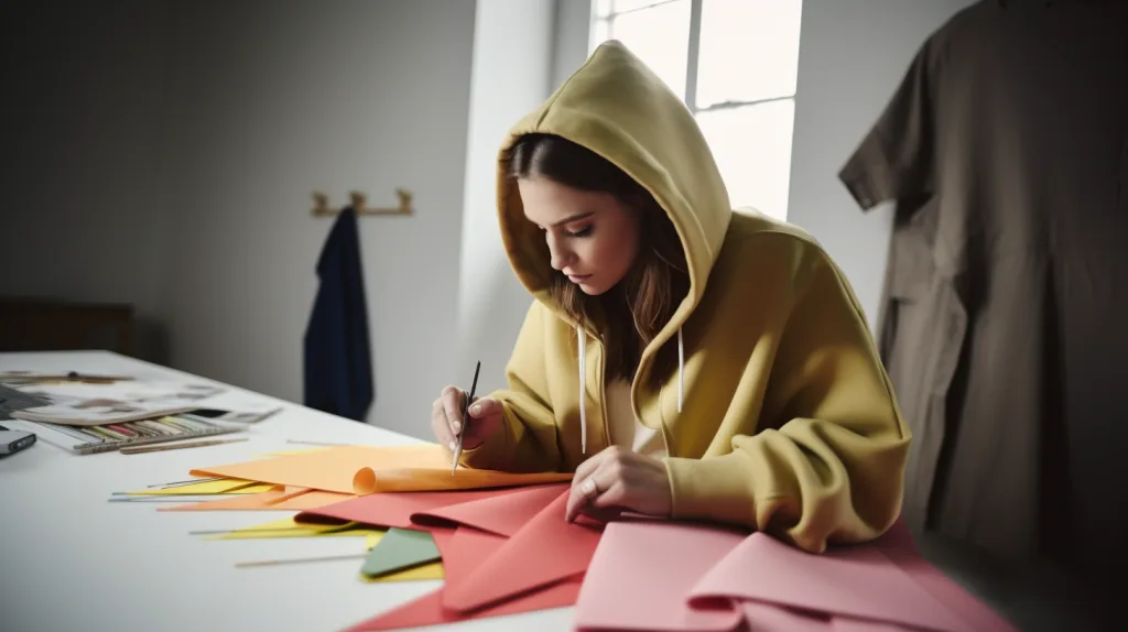Hoodie Manufacturer Europe: Where to Find Reliable Partners 3 Designer reviewing hoodie samples with a tech pack, color swatches, and thread spools in a European studio.