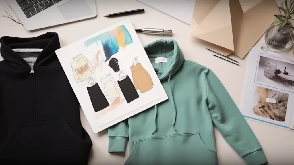 How to Start a Clothing Brand Online for Free 2 Laptop screen with Canva open showing a hoodie design mockup, surrounded by color swatches and sketches.