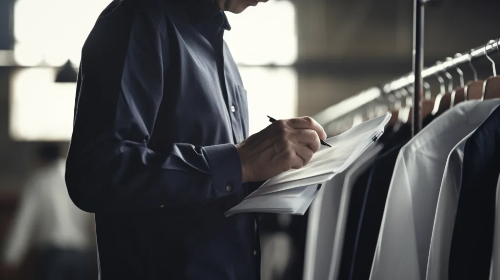 Bulk Clothing Manufacturing: How to Find the Right Factory 3 Business owner checking audit checklist during clothing factory tour