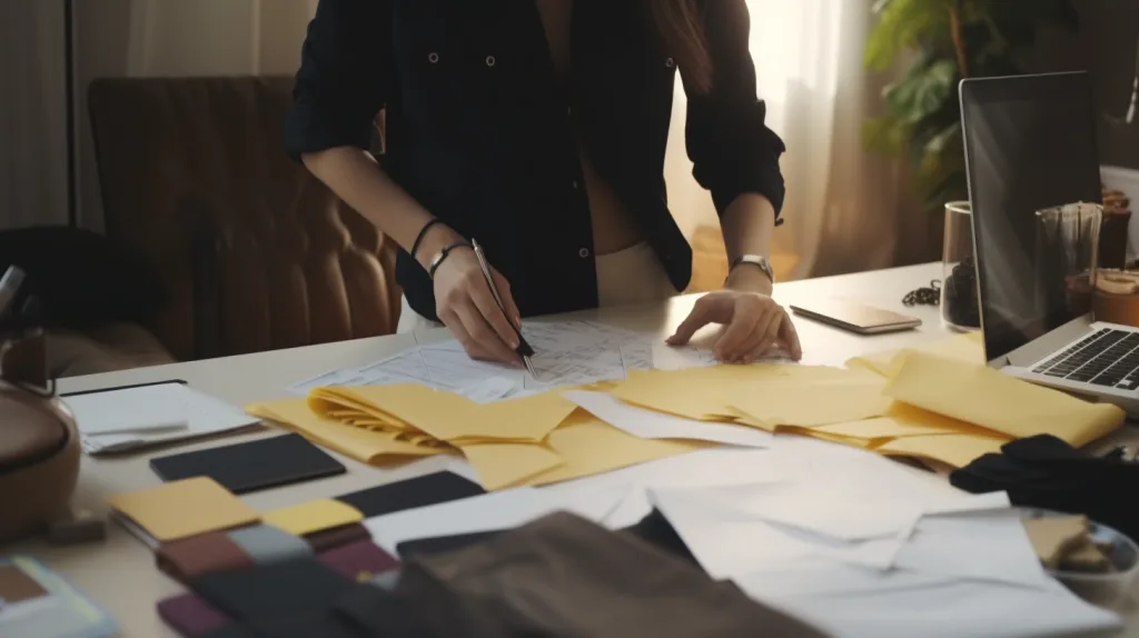 Minimum Budget to Start a Clothing Brand: What You Need to Know 11 Entrepreneur sketching a clothing brand plan on a notepad with a laptop and fabric swatches.