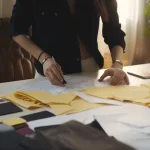Entrepreneur sketching a clothing brand plan on a notepad with a laptop and fabric swatches.