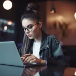 Young entrepreneur researching fashion trends on laptop.