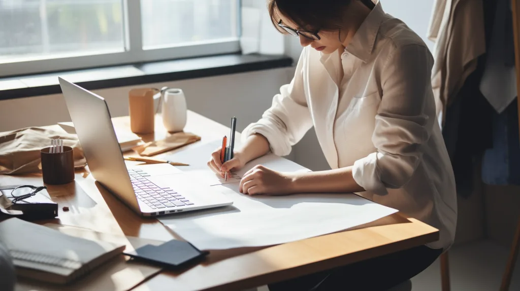 How to Start a Clothing Brand Online for Free 10 A young entrepreneur at a home desk designing apparel on a laptop with a notebook and coffee.