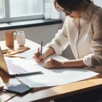 A young entrepreneur at a home desk designing apparel on a laptop with a notebook and coffee.