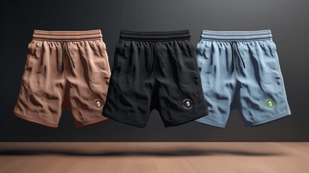 How to Customize Gym Shorts with Your Logo (Heat Transfer, Embroidery, etc.) 3 Flat lay of gym shorts with mockup logos placed on the leg, waistband, and pocket.