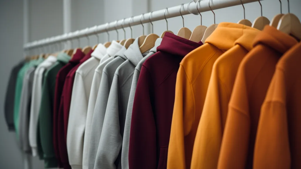 Top Hoodie Manufacturers in Los Angeles: Small Batch & Wholesale Options 2 A row of custom hoodie samples hanging in a design studio, showcasing different colors and embroidery styles.