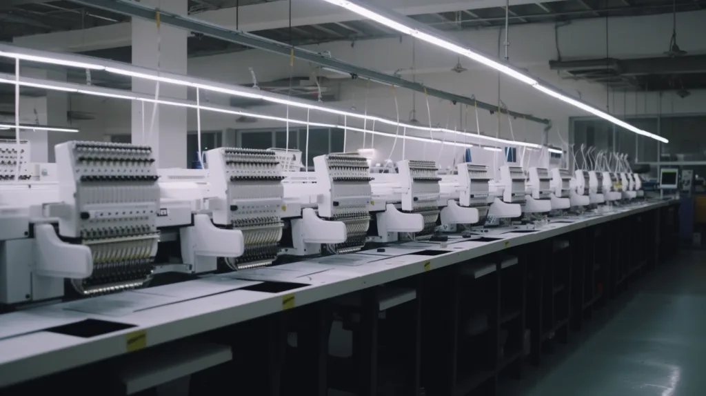 Bulk Clothing Manufacturing: How to Find the Right Factory 2 Sewing machines and embroidery setup in bulk apparel factory