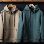 Side-by-side comparison of a poor-quality hoodie and a well-made hoodie on hangers.