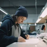 Artisan working on hoodie production in a modern European factory with sustainable materials.