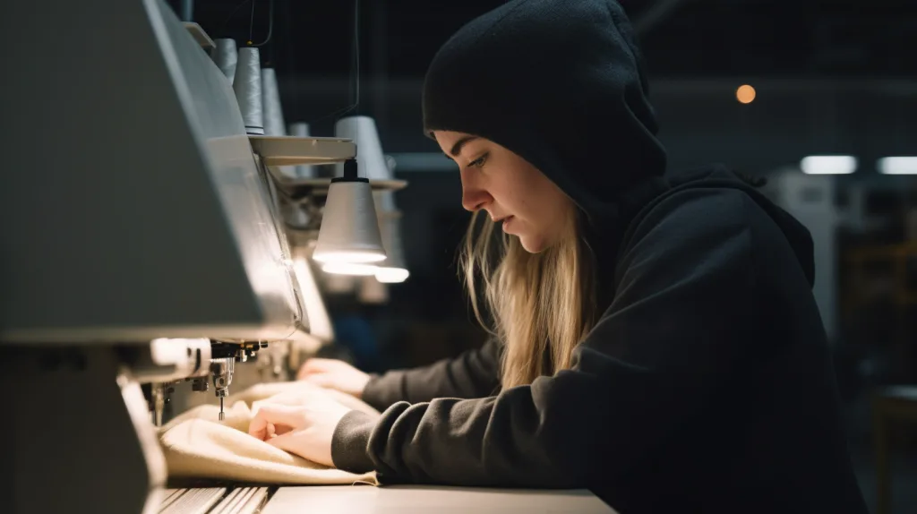 Custom Hoodie Manufacturer USA: Best Options for Startups 7 Artisan sewing hoodies in a small-scale USA factory with shelves of folded fabric.