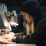 Artisan sewing hoodies in a small-scale USA factory with shelves of folded fabric.