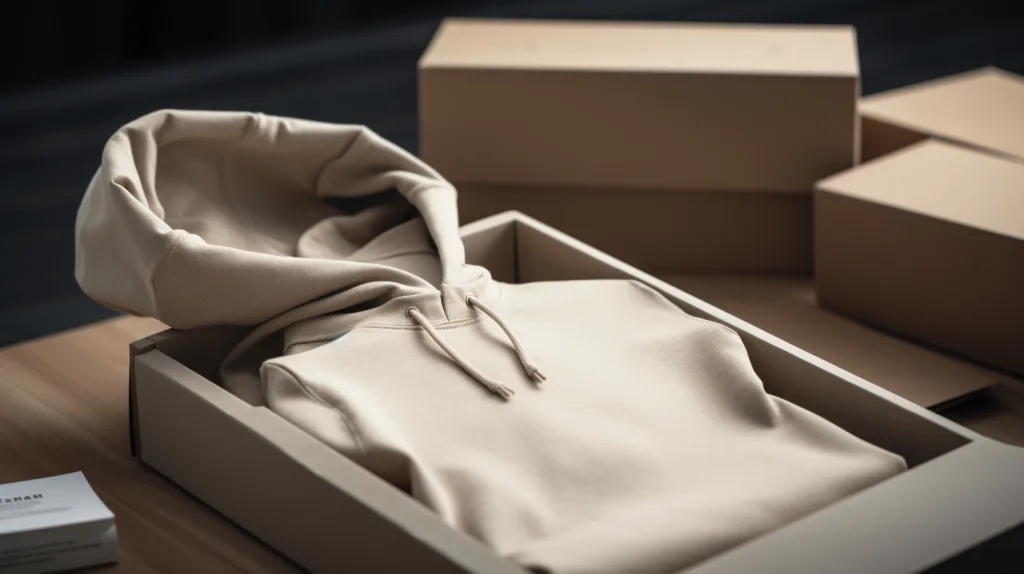 How to Start a Clothing Brand Online for Free 3 Print-on-demand hoodie being packed for shipping with branding tag attached.