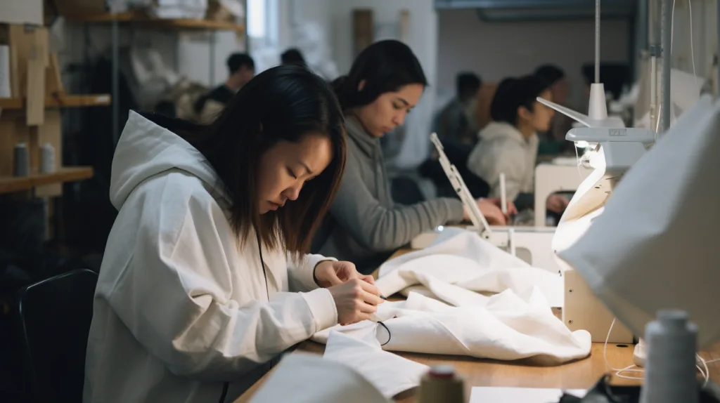 Top Hoodie Manufacturers in Los Angeles: Small Batch & Wholesale Options 3 Tailors and workers producing small hoodie batches with care in a local LA workshop.