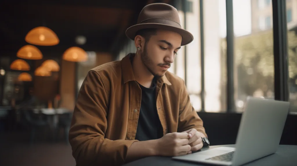 Can I Start a Clothing Brand with $500? Here’s How 1 Young fashion founder creating a budget and brand plan at a cafe with a laptop, sketchbook, and coffee.