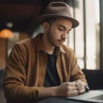 Young fashion founder creating a budget and brand plan at a cafe with a laptop, sketchbook, and coffee.