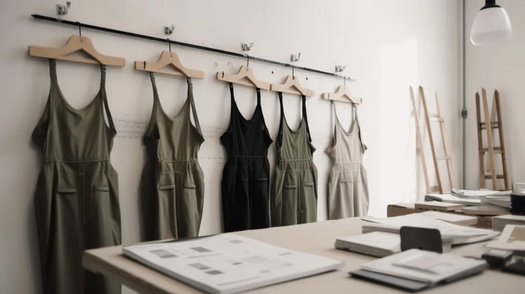 How to Start a Clothing Brand with No Money (Even in 2025!) 3 Clothing samples on hangers with measuring tape and tech packs.