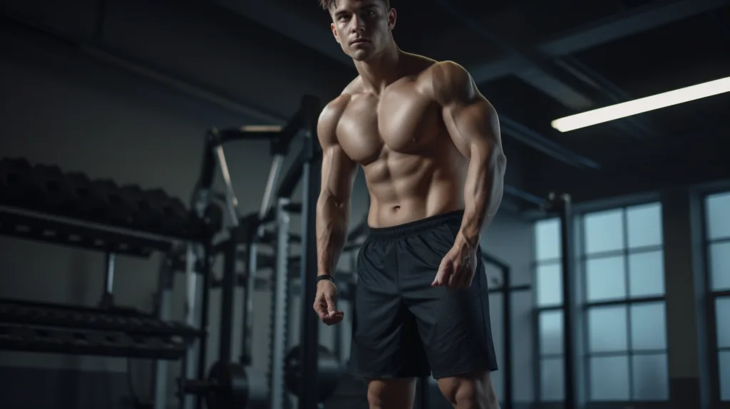 A fit male model wearing 5-inch shorts and mesh tech shorts in a minimalist gym setting.