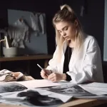 Entrepreneur planning clothing business with wholesale catalog and laptop