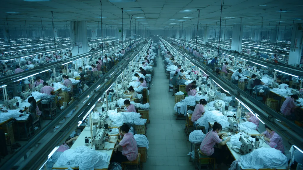 Best Chinese Clothing Brands You Should Know 2 Workers assembling garments in a modern Chinese apparel factory.
