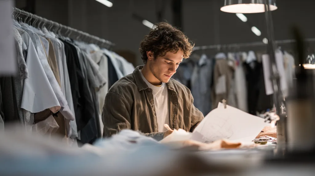 Questions to Ask Your Clothing Manufacturer Before Ordering 2 Fashion entrepreneur inspecting clothing samples on a table