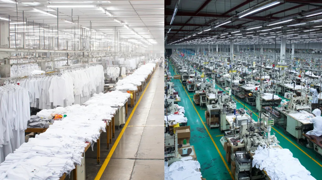 USA Clothing Manufacturers vs Overseas – Pros & Cons 1 Side-by-side comparison of American and Asian apparel production environments