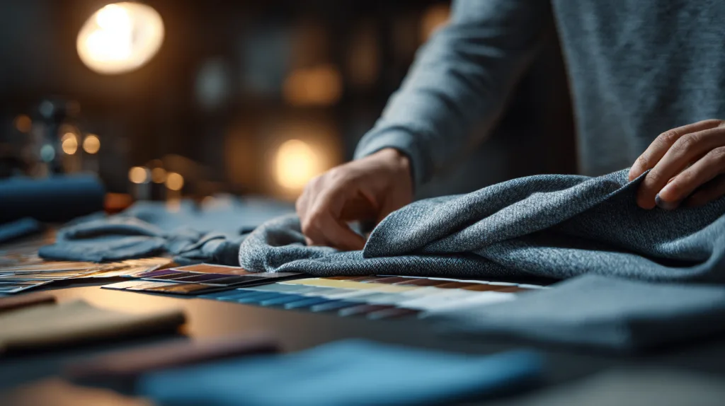 How to Find a Clothing Manufacturer in China (2025 Guide) 3 Inspecting a hoodie sample in detail at a workspace