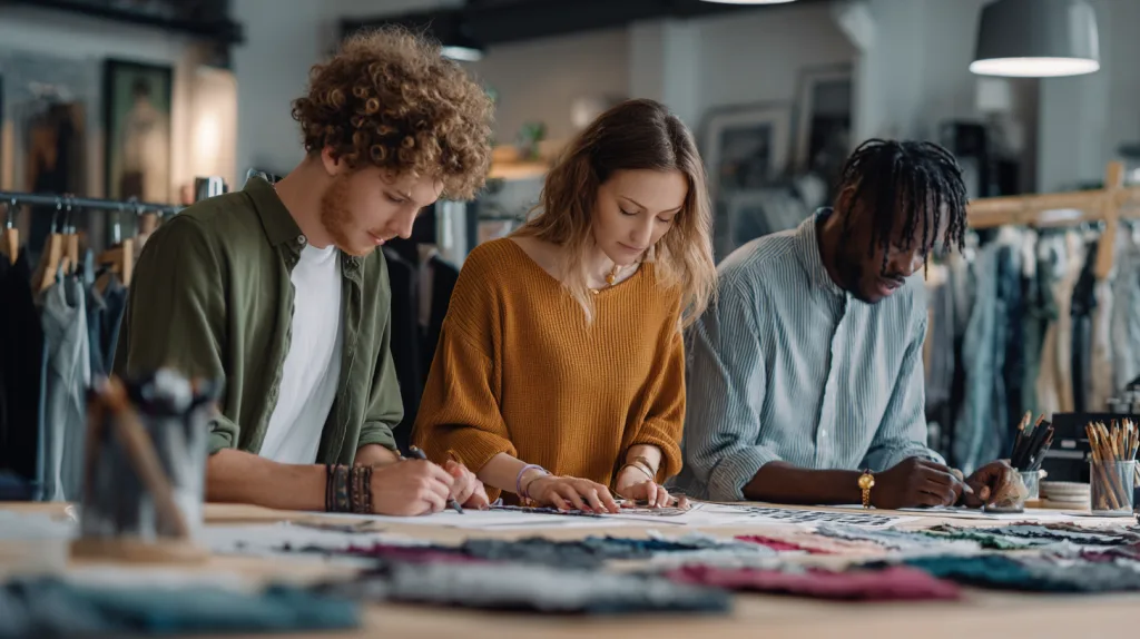 Best Chinese Clothing Brands You Should Know 3 Young designers collaborating in a creative studio with mood boards and fabric swatches.