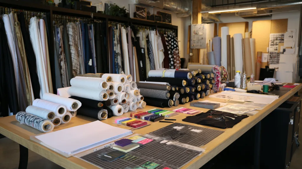 USA Clothing Manufacturers vs Overseas – Pros & Cons 2 Fabric samples, trim boards, and sketches in an overseas apparel studio