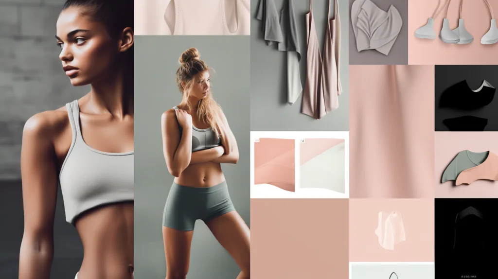 How to Start a Gym Clothing Brand from Scratch 4 A digital collage showing a gym brand vision board with models, fabric swatches, and fitness lifestyle.