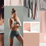 A digital collage showing a gym brand vision board with models, fabric swatches, and fitness lifestyle.